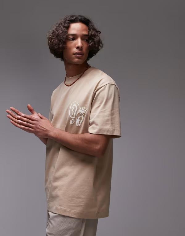 トップマン メンズ トップス Tシャツ オーバーサイズフィット プリント シャツ Topman premium oversized fit T-shirt with front and back abstract shapes textured print in stone STONE ストーン