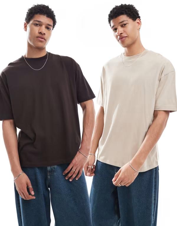 エイソス メンズ トップス Tシャツ ASOS DESIGN essential 2 pack oversized t-shirt and stone MOLE/COBBLESTONE ブラウン