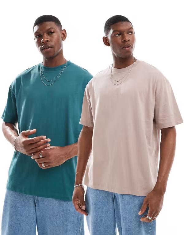 エイソス メンズ トップス Tシャツ ASOS DESIGN essential 2 pack oversized T-shirts in stone and Stone/green グリーン