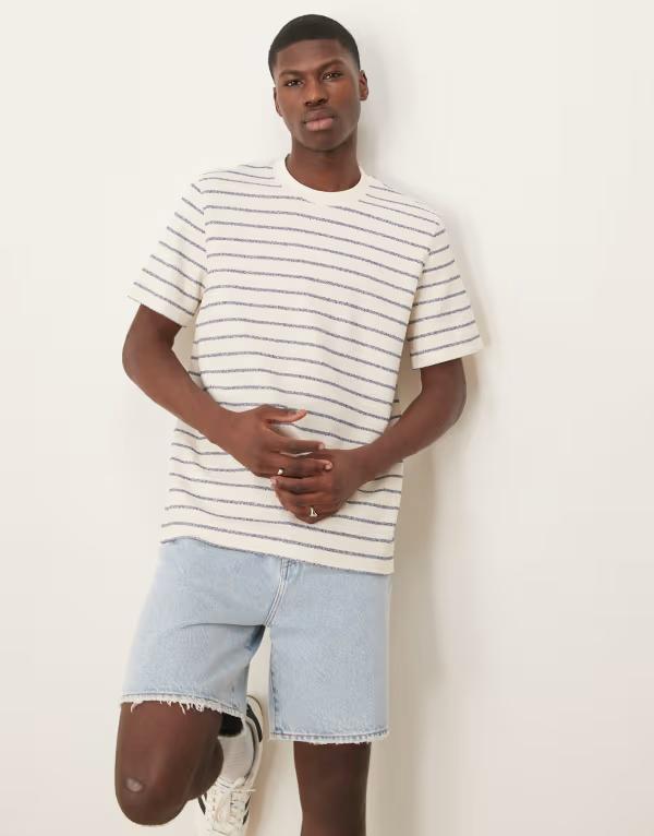 セレクテッドオム メンズ トップス Tシャツ ニット Selected Homme knitted t-shirt in cream blue stripe Oceana Egret クリーム