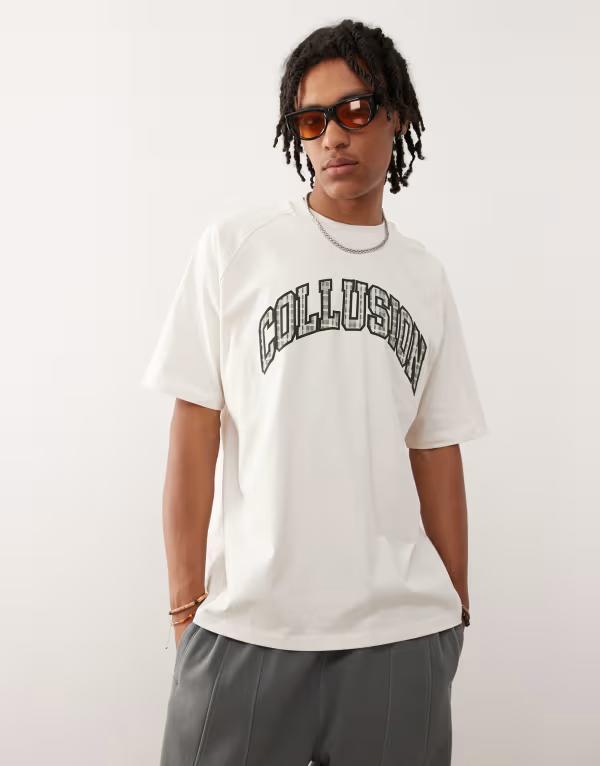 コルージョン メンズ トップス Tシャツ プリント COLLUSION heavyweight tee with plaid print WHITE ホワイト