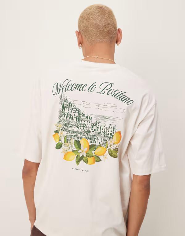 セレクテッドオム メンズ トップス Tシャツ プリント シャツ Selected Homme oversized heavyweight T-shirt with positano lemons backprint in cream White Sand ホワイト