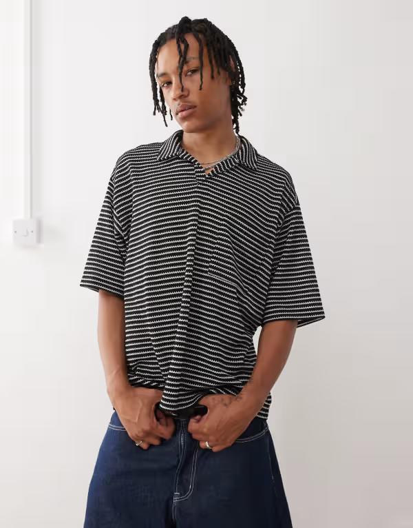 リクレイム ヴィンテージ メンズ トップス Tシャツ ポロシャツ ジャージー Reclaimed Vintage textured jersey striped short sleeve resort polo top Black ブラック