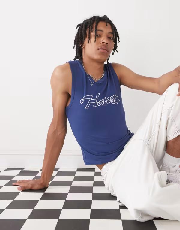 コルージョン メンズ トップス ベスト COLLUSION muscle fit tank top blue with hater slogan BLUE ブルー