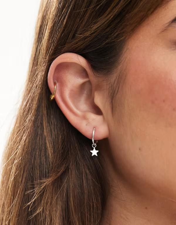 キングスリーライアン レディース アクセサリー ピアス・イヤリング Kingsley Ryan hoop earrings with star charm in sterling Silver シルバー