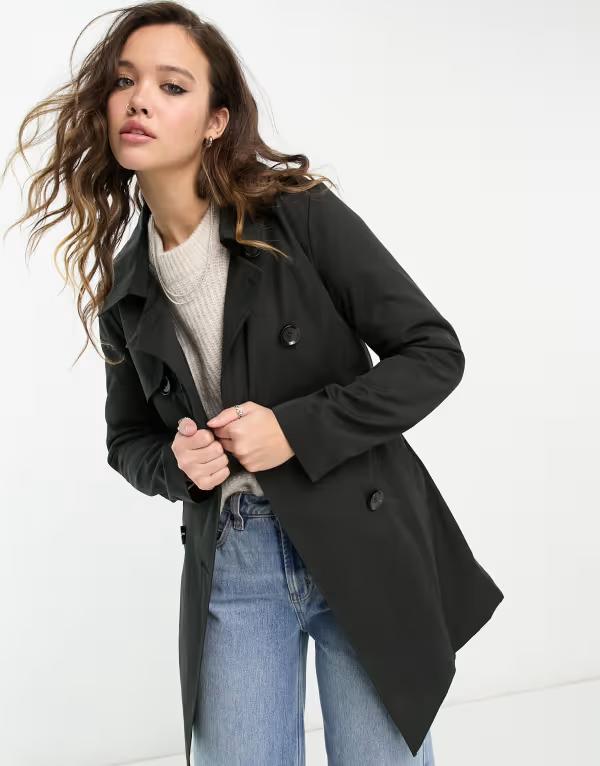 オンリー レディース アウター 厚地の外套 Only button detail short trench coat Black 黒いこと
