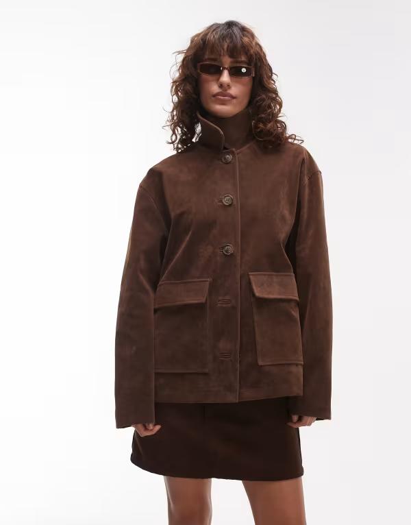 トップショップ レディース アウター ジャケット・ブルゾン スエード ジャケット Topshop faux suede patch pocket boxy jacket brown ブラウン