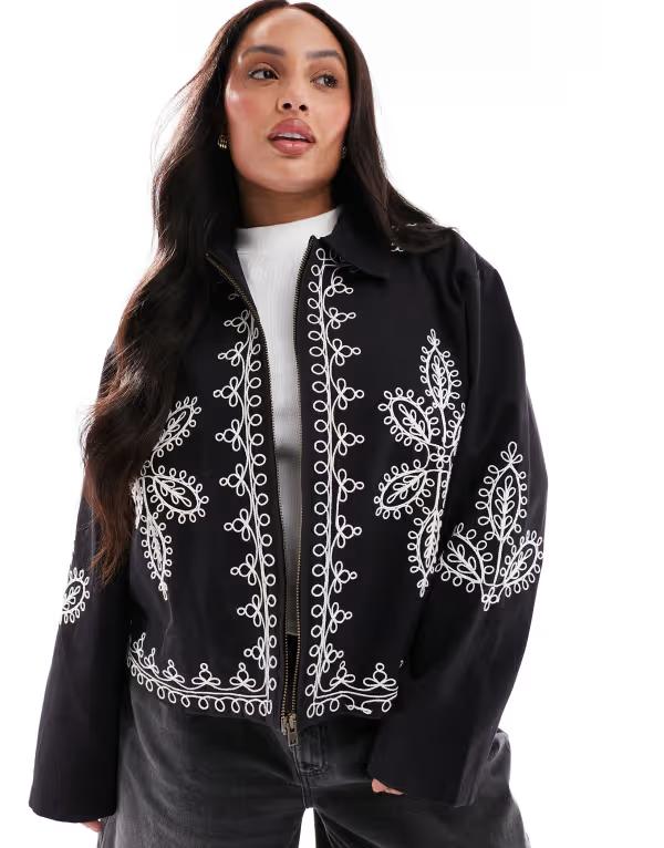 エイソス レディース アウター 上衣・上衣 刺しゅう 上衣 ASOS Curve ASOS DESIGN Curve embroidered top collar jacket Black 黒いこと