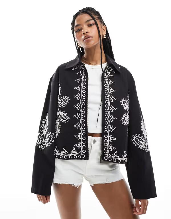 エイソス レディース アウター 上衣・上衣 刺しゅう 上衣 ASOS DESIGN embroidered top collar jacket Black 黒いこと