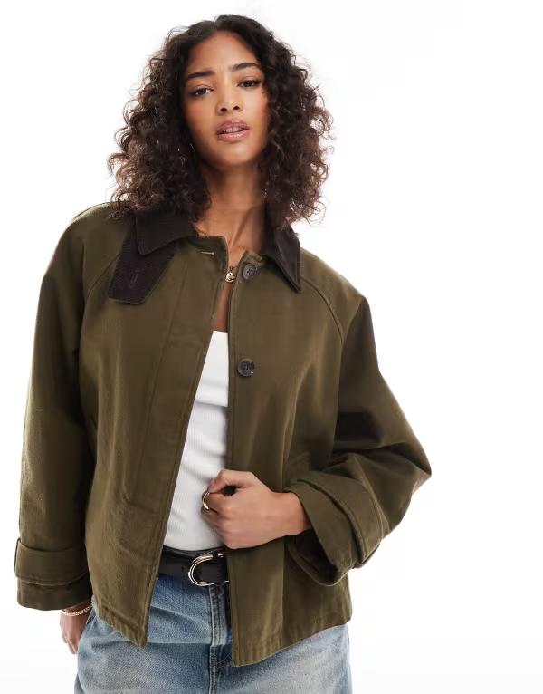 エイソス レディース アウター 上衣・上衣 対照 上衣 ASOS DESIGN barn jacket with contrast collar Khaki カーキ