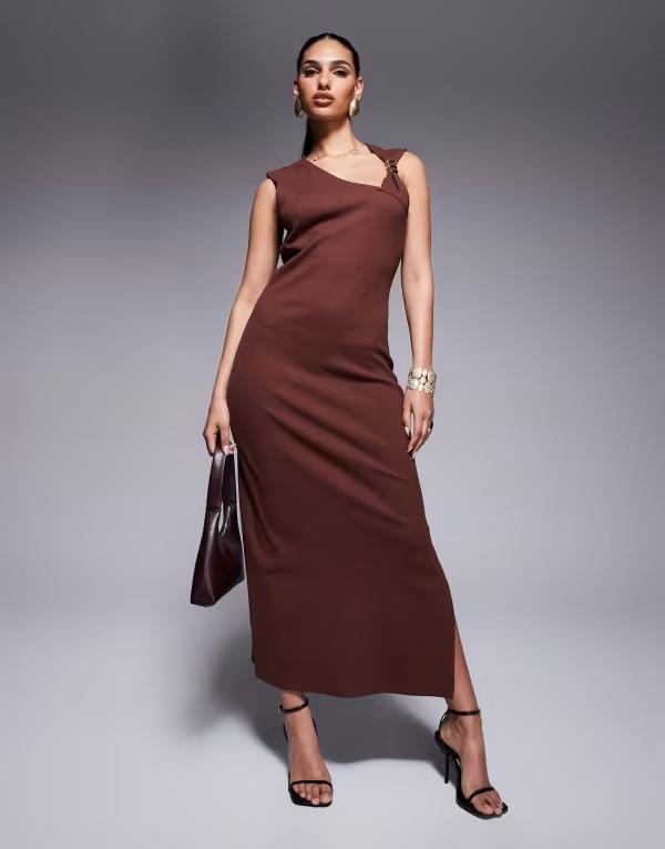 エイソス レディース トップス ワンピース ミディワンピース リブ ミディ ニット ASOS DESIGN ribbed knit midi dress with hardware detail in chocolate Chocolate チョコレート