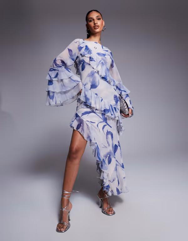 エイソス レディース トップス ワンピース ティアード マキシワンピース フラワー柄 プリント フリル マキシ フラワー ASOS DESIGN ruffle bias maxi dress with extreme tiered sleeve floral print Blue floral ブルー