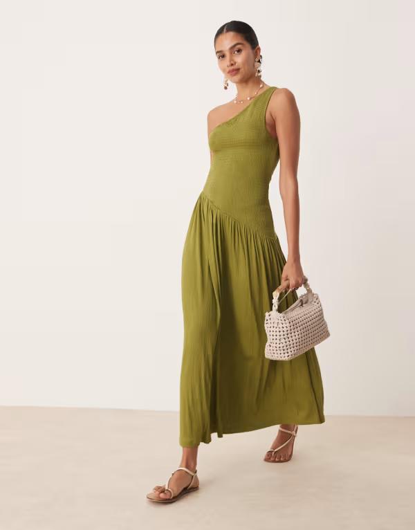 エイソス レディース トップス ワンピース アシンメトリー ミディワンピース ミディ ASOS DESIGN crinkle shirred bodice one shoulder asymmetric dropped waist midi dress in olive OLIVE GREEN グリーン