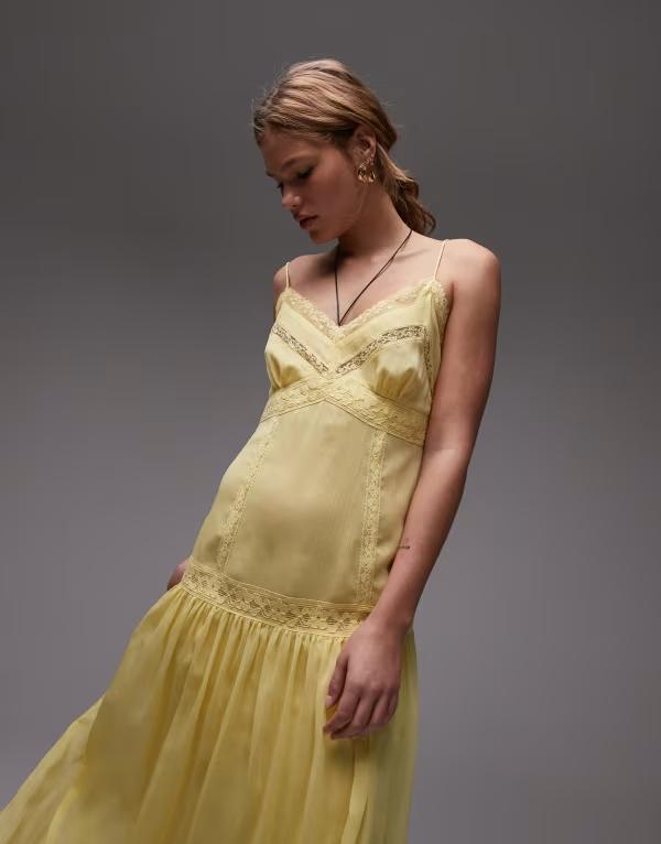 トップショップ レディース トップス ワンピース シフォン ミディワンピース ミディ レース Topshop lace insert chiffon midi dress in yellowイエロー|ReVida 店