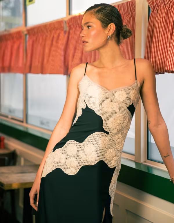トップショップ レディース トップス ワンピース ミディワンピース ミディ コントラスト Topshop contrast raffia inserts midi dress Black ブラック｜ReVida 店