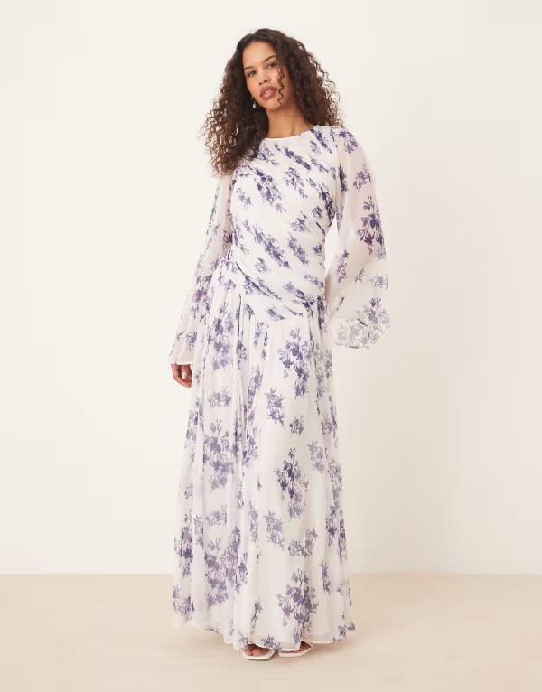 エイソス レディース トップス ワンピース オープンバック アシンメトリー フラワー柄 プリント マキシ フラワー ASOS DESIGN asymmetric dropped waist maxi with open back floral print Blue floral ブルー
