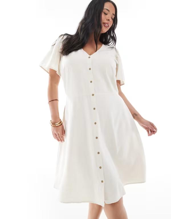 オンリーカーブ レディース トップス ワンピース タイディテール ミニワンピース ミニ リネン ONLY Curve tie detail mini dress with linen in stone Pumice stone ストーン｜ReVida 店 17,505円