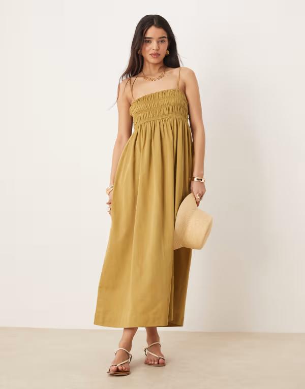 エイソス レディース トップス ワンピース マキシワンピース Tシャツ コットン マキシ ASOS DESIGN shirred bust cotton sateen maxi dress in moss Moss 8,745円