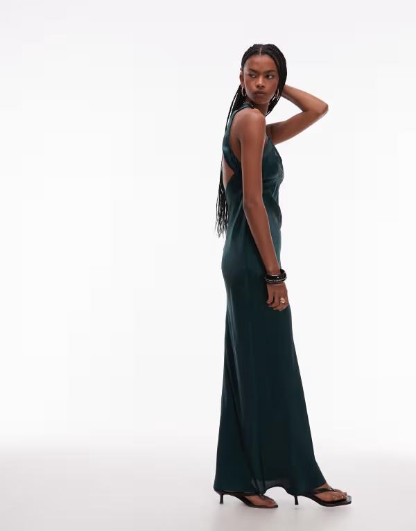 エイソス レディース トップス ワンピース アシンメトリー マキシワンピース サテン マキシ ASOS DESIGN bias cut satin panelled maxi dress with asymmetric back in dark DARK GREEN グリーン｜ReVida 店