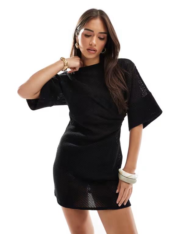 エイソス レディース トップス ワンピース ミニワンピース ミニ Tシャツ ASOS DESIGN crochet t-shirt tuck mini dress Black ブラック