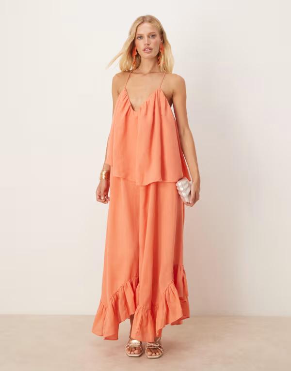 エイソス レディース トップス ワンピース マキシワンピース マキシ ASOS DESIGN sweetheart double layer volume maxi dress with peplum hem in coral Coral コーラル