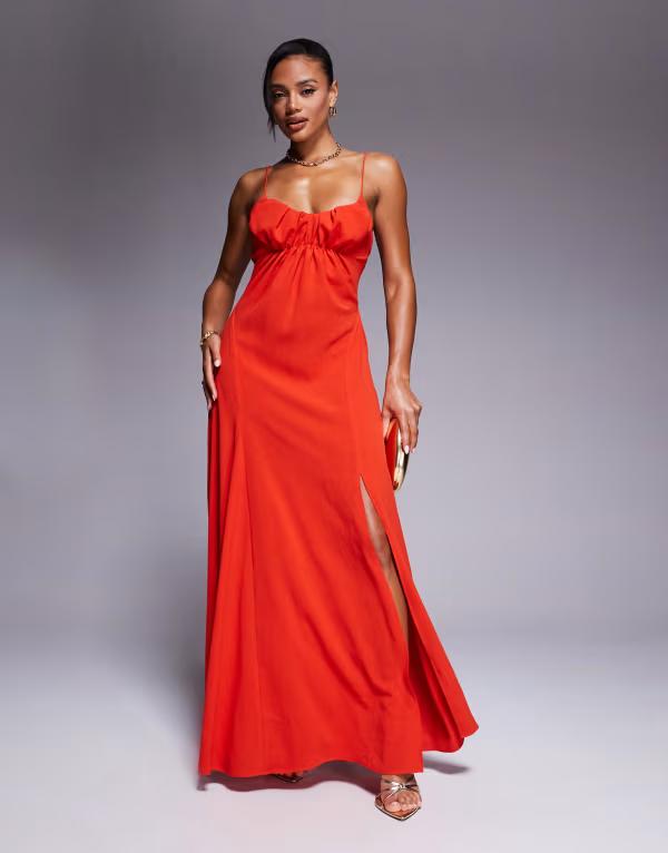 エイソス レディース トップス ワンピース ミディワンピース ミディ ASOS DESIGN gathered bust strappy cross back midi dress RED レッド