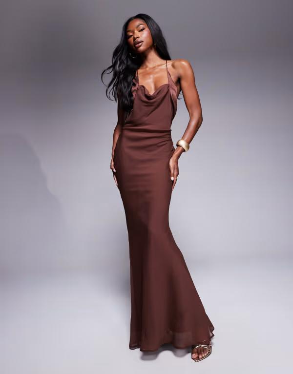 エイソス レディース トップス ワンピース シフォン マキシワンピース サテン マキシ ASOS DESIGN satin and chiffon mix cowl neck bias maxi dress in chocolate Chocolate チョコレート