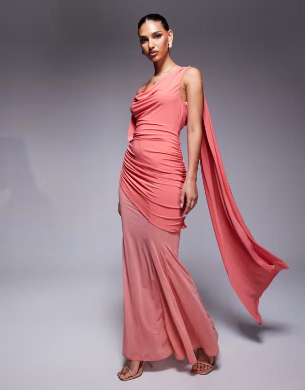 エイソス レディース トップス ワンピース シアースカート アシンメトリー マキシワンピース ギャザー シアー スカート マキシ ASOS DESIGN asymmetric slinky ruched maxi dress with sheer skirt in coral Coral コーラル