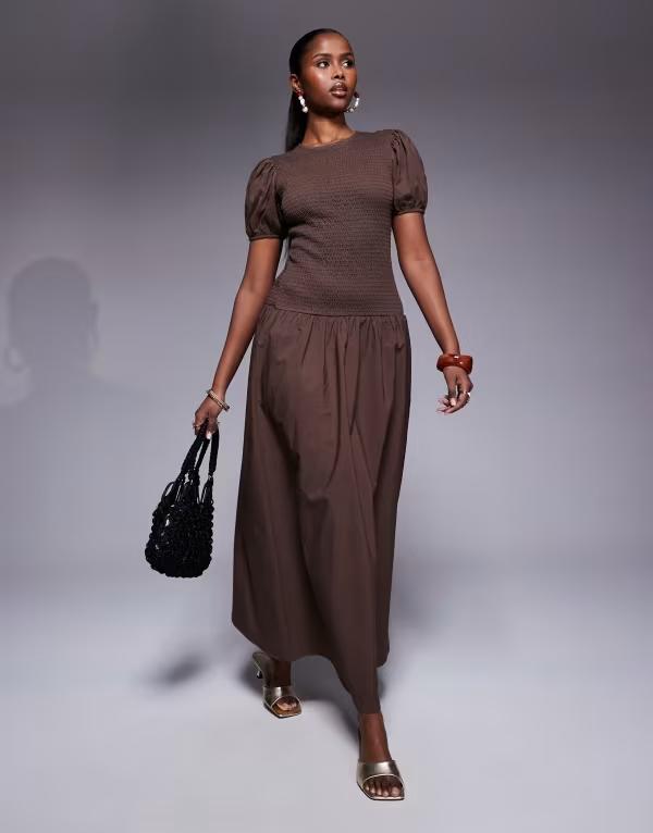 エイソス レディース トップス ワンピース マキシワンピース マキシ ASOS DESIGN shirred drop waist maxi dress BROWN ブラウン