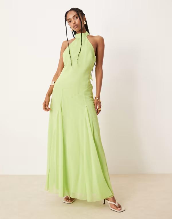 エイソス レディース トップス ワンピース シフォン マキシワンピース マキシ ホルター ASOS DESIGN chiffon halter dropped waist maxi dress in bright Bright green グリーン｜ReVida 店