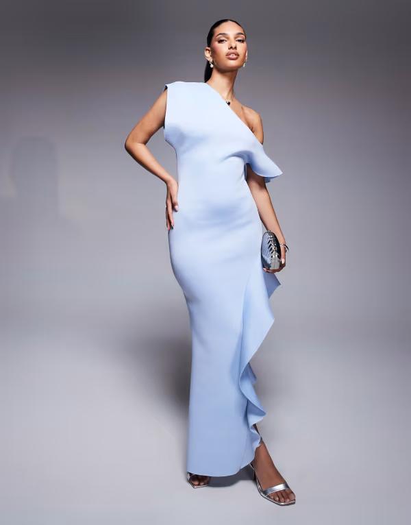 エイソス レディース トップス ワンピース マキシワンピース フリル マキシ ASOS DESIGN fallen shoulder with ruffle slit detail maxi dress in light Light Blue ブルー