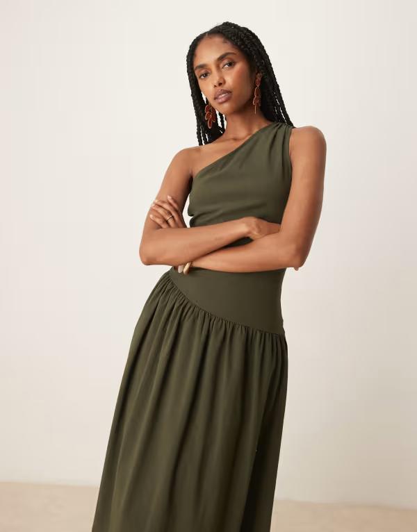 マンゴ レディース トップス ワンピース マキシワンピース マキシ Mango one shoulder drop waist maxi dress with soft bubble hem Khaki カーキ