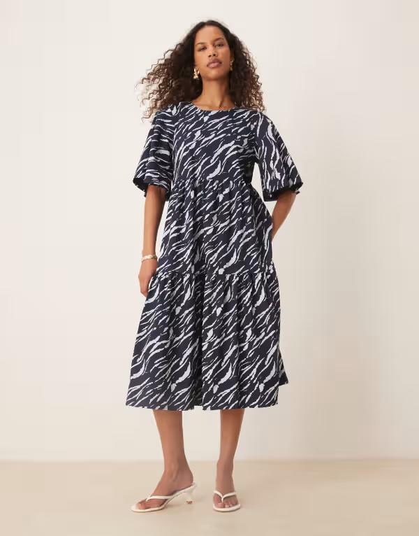 ジェイディーワイ レディース トップス ワンピース ティアード ミディワンピース プリント ミディ JDY tiered short sleeve midi dress zebra print NAVY BLAZER ネイビー|ReVida 店