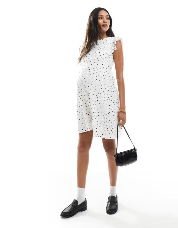ママライシアス レディース トップス ワンピース ドット柄 ドット プリント フリル ジャージー マタニティ Mama.licious Mamalicious Maternity ruffle detail jersey knee dress polka dot print Snow White ホワイト｜ReVida 店