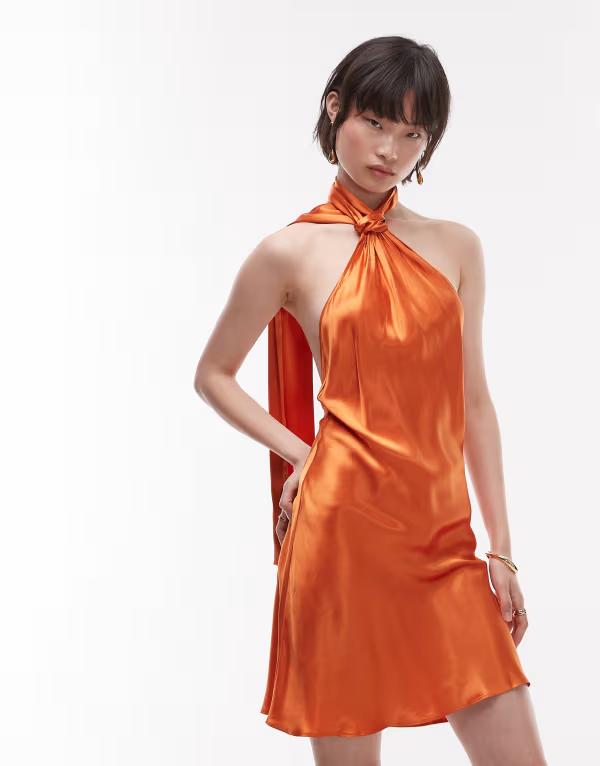 とっ始め販売店 レディース トップス 衣装 ミニ衣装 ミニ 繻子 ホルター Topshop tie neck halter mini dress satin インチ rust挙げ句の果て