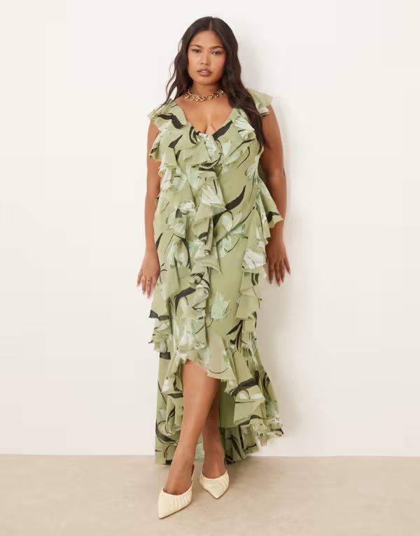 エイソス レディース トップス ワンピース オープンバック マキシワンピース フラワー柄 フリル マキシ フラワー ASOS Curve ASOS DESIGN Curve ruffle bias cut maxi dress with open back floral Green floral グリーン