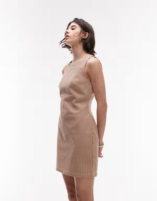トップショップ レディース トップス ワンピース デニム Topshop denim square neck tailored dress in tan stripe Tan stripe タン｜ReVida 店