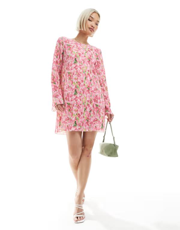ピーシーズ レディース トップス ワンピース ミニワンピース フラワー柄 プリント ミニ フラワー Pieces plisse long sleeve mini dress floral print Pink floral ピンク
