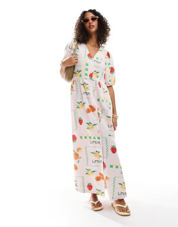 ピーシーズ レディース トップス ワンピース マキシワンピース プリント マキシ Pieces puff sleeve button front maxi dress in pale pink based fruit print Ballerina ピンク