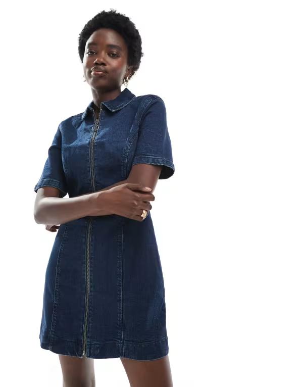 エイソス レディース トップス ワンピース フルジップ ミニワンピース ミニ デニム ASOS DESIGN denim short sleeve mini dress with zip through in dark wash Dark blue ブルー｜ReVida 店