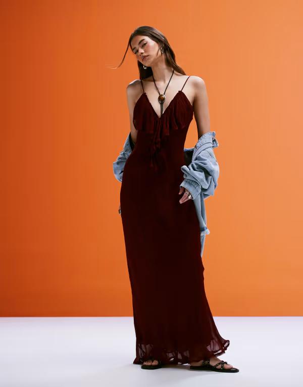 マンゴ レディース トップス 衣装 マキシ衣装 フラウンス マキシ Mango ruffle front maxi dress Burgundy バーガンディ レディースファッション-ワンピース