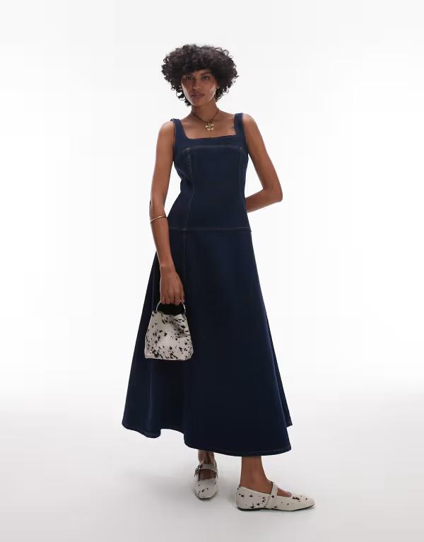 トップショップ レディース トップス ワンピース ミディワンピース ミディ デニム Topshop dropped waist structured denim midi dress in rinse INDIGO インディゴ｜ReVida 店