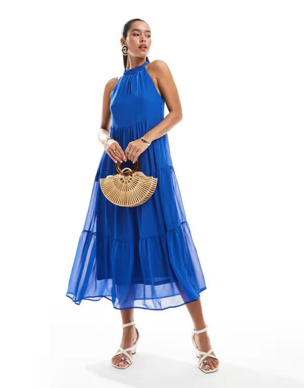 オンリー レディース トップス ワンピース ティアード マキシワンピース マキシ ホルター ONLY halterneck tiered maxi dress in bright Bright blue ブルー｜ReVida 店