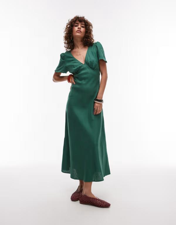 マンゴ レディース トップス ワンピース ミディワンピース ミディ リネン Mango linen mix short sleeve midi dress in emerald GREEN グリーン