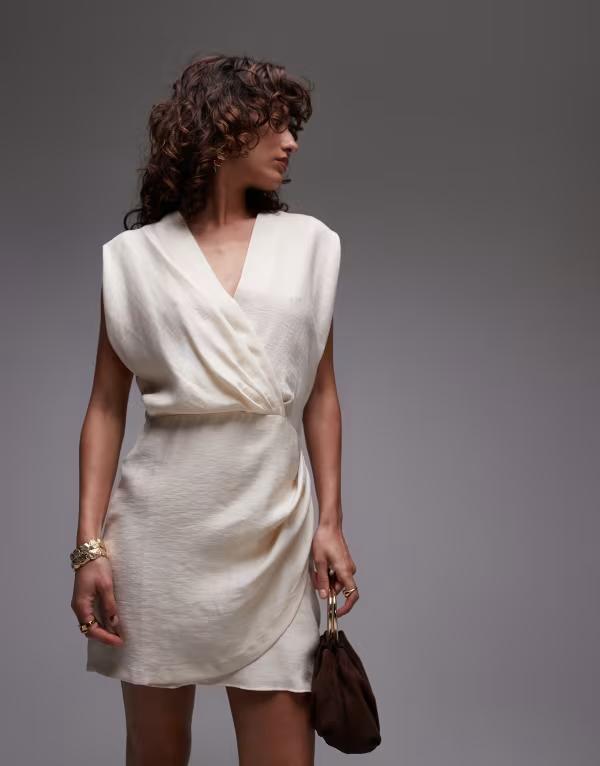 マンゴ レディース トップス ワンピース Vネック ウエストマーク ミニワンピース ドレープ ミニ Mango v neck draped fabric cinched waist mini dress in light Light beige ベージュ