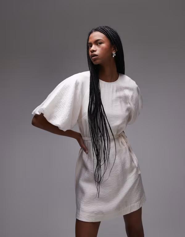 アンドアザーストーリーズ レディース トップス ワンピース ミニワンピース ミニ & Other Stories mini dress with puff sleeves with tie-back belt White dusty light ホワイト