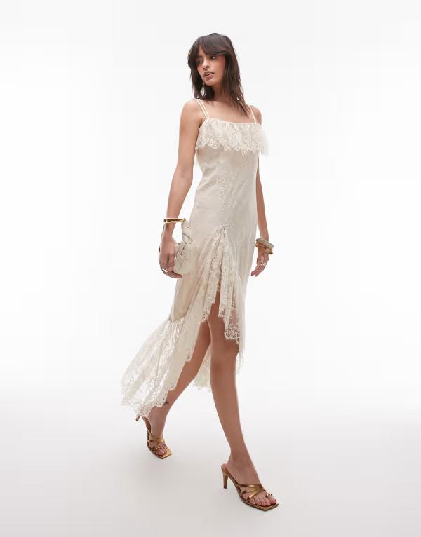 アンドアザーストーリーズ レディース トップス ワンピース ヴィンテージ ティアード アシンメトリー フリル シアー レース & Other Stories lace midaxi slip dress with sheer asymmetric tiered ruffle detail in vintage cream Vintage Cream クリーム