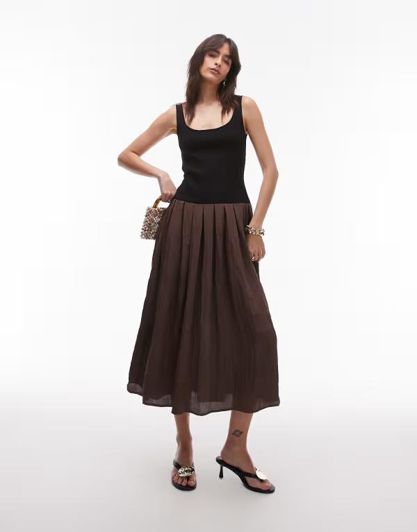 マンゴ レディース トップス 衣装 筋目 対照 Mango contrast drop waist pleated dress インチ dark BROWN 赤銅色