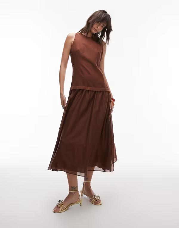 マンゴ レディース トップス 衣装 マキシ衣装 シアー リネン マキシ Mango linen mix dropped waist maxi dress with sheer hem インチ chocolate Chocolate 黒茶