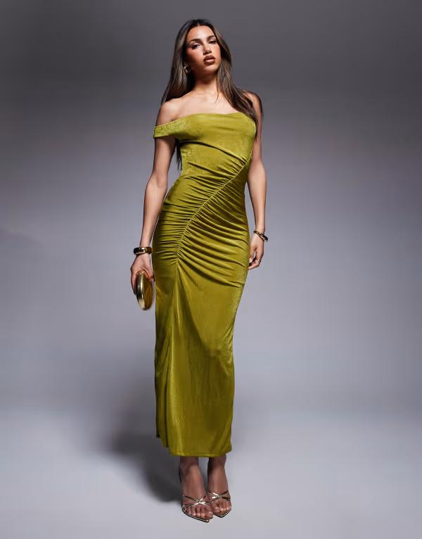 エイソス レディース トップス ワンピース ミディワンピース ミディ ASOS DESIGN fallen shoulder midi dress with ruching Olive オリーブ